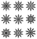 Black Flat Lacy Snowflakes Icons on White