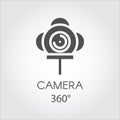 Black flat line icon of camera 360 degree. Concept of virtual panorama view Royalty Free Stock Photo