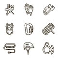 Black flat line vector icon set with a picture of Equipment for