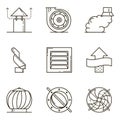 Black flat line vector icon set with a picture of ventilation equipment on white background.
