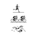 Black flat logo triathlon. Vector figures triathletes on a white background. Swimming, cycling and running symbol. Royalty Free Stock Photo