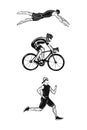 Black flat logo triathlon. Vector figures triathletes on a white background. Swimming, cycling and running symbol.