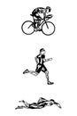 Black flat logo triathlon. Vector figures triathletes on a white background. Swimming, cycling and running symbol. for Royalty Free Stock Photo