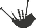 Black flat silhouette of a bagpipe with pipes.