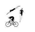 Black flat triathlon logo. Vector figures of triathletes isolated on a white background. The symbol of swimming, cycling