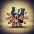 A black floppy disk is creatively arranged on a surface, surrounded by vibrant, Royalty Free Stock Photo