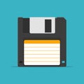 Black Floppy Disk icon in flat style isolated on blue background. HD diskette old data media. Royalty Free Stock Photo