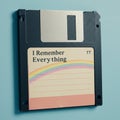 A black floppy disk with a metallic shutter is displayed against a light blue background. Royalty Free Stock Photo