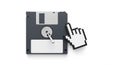 Black floppy disk with white label and hand cursor illustration on clean white background Royalty Free Stock Photo
