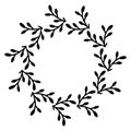 Black Floral Hand-drawn Round Branch Border Frame, Element In Doodle Style On White Background Berry Christmas Olive Tree New Year