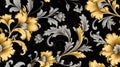 a black floral ornament in a retro style. Showcase intricate flower and curl motifs, evoking a sense of vintage charm