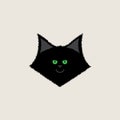 Black and fluffy cat with green eyes. Kitten with a smiling face. Vector illustration for t-shirt print