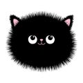 Black fluffy fur cat round face head silhouette icon. Funny kawaii doodle animal. Cute cartoon funny baby pet character. Sticker