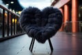 Black fluffy heart forms armchair in the city at night. Valentines day concept