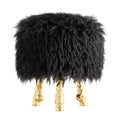 Black fluffy stool made of sheepskin wool on hooves on an isolated background. 3D rendering