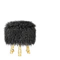 Black fluffy stool made of sheepskin wool on hooves on an isolated background. 3D rendering