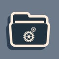 Black Folder settings with gears icon isolated on grey background. Concept of software update, transfer protocol, router