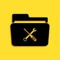 Black Folder and tools or settings icon isolated on yellow background. Folder with wrench and screwdriver sign. Computer Royalty Free Stock Photo