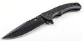 Black folding knife with serrated edge displayed on a neutral background Royalty Free Stock Photo