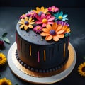 Black fondant cake with flowers