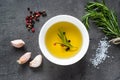 Black food background with olive oil and spices Royalty Free Stock Photo