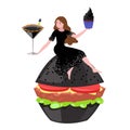 Black food and tiny people eating fast food isolated on white cartoon vector illustrations. Little girl with coctail