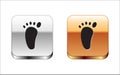 Black Foot massage icon isolated on white background. Silver-gold square button. Vector