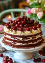 Black Forest Cake Adorned with Fresh Cherries on a Classic Cake Stand. Cherry and chocolate cake Royalty Free Stock Photo
