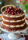 Black Forest Cake Adorned with Fresh Cherries on a Classic Cake Stand. Cherry and chocolate cake Royalty Free Stock Photo