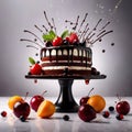 Black Forest cake, chocolate dessert with cream and fruit