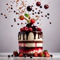 Black Forest cake, chocolate dessert with cream and fruit