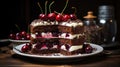 Black forest cake decorated with whipped cream and cherries. Royalty Free Stock Photo