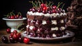 Black forest cake decorated with whipped cream and cherries. Royalty Free Stock Photo