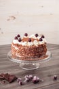 Black forest cake decorated with whipped cream and cherries. Royalty Free Stock Photo