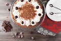 Black forest cake decorated with whipped cream and cherries. Royalty Free Stock Photo