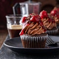 Black forest cupcake with whipped ganache and cherry topping Royalty Free Stock Photo