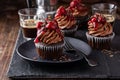 Black forest cupcake with whipped ganache and cherry topping Royalty Free Stock Photo