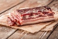 Black Forest ham, bacon on wooden kitchen table, dry cured pork Royalty Free Stock Photo