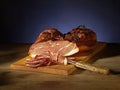 Black Forest ham, cut, knife, snacks, board Royalty Free Stock Photo