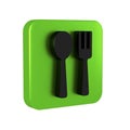 Black Fork and spoon icon isolated on transparent background. Cooking utensil. Cutlery sign. Green square button. Royalty Free Stock Photo