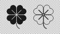 Black Four leaf clover icon isolated on transparent background. Happy Saint Patrick day. Vector Royalty Free Stock Photo