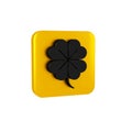 Black Four leaf clover icon isolated on transparent background. Happy Saint Patrick day. Yellow square button.