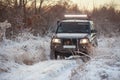 Black four-wheel drive car with lights on on a winter forest road, frosty evening Royalty Free Stock Photo