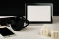 Black frame mockup with interior items and laptop, smartphone and supplies Royalty Free Stock Photo