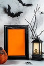 Black frame with orange empty space for text and Hallowen decorations around it. Copy space. Mock up Royalty Free Stock Photo