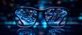 Black framed glasses with digital network reflection, symbolizing technology and connectivity. modern representation of vision and Royalty Free Stock Photo