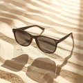 Black Framed Sunglasses on Tan Wavy Sand Surface in Bright Sunlight Royalty Free Stock Photo