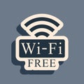 Black Free Wi-fi icon isolated on grey background. Wi-fi symbol. Wireless Network icon. Wi-fi zone. Long shadow style