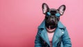 Black french bulldog in blue jacket and sunglasses, isolated on pink