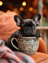 black french bulldog puppy sitting in a mug